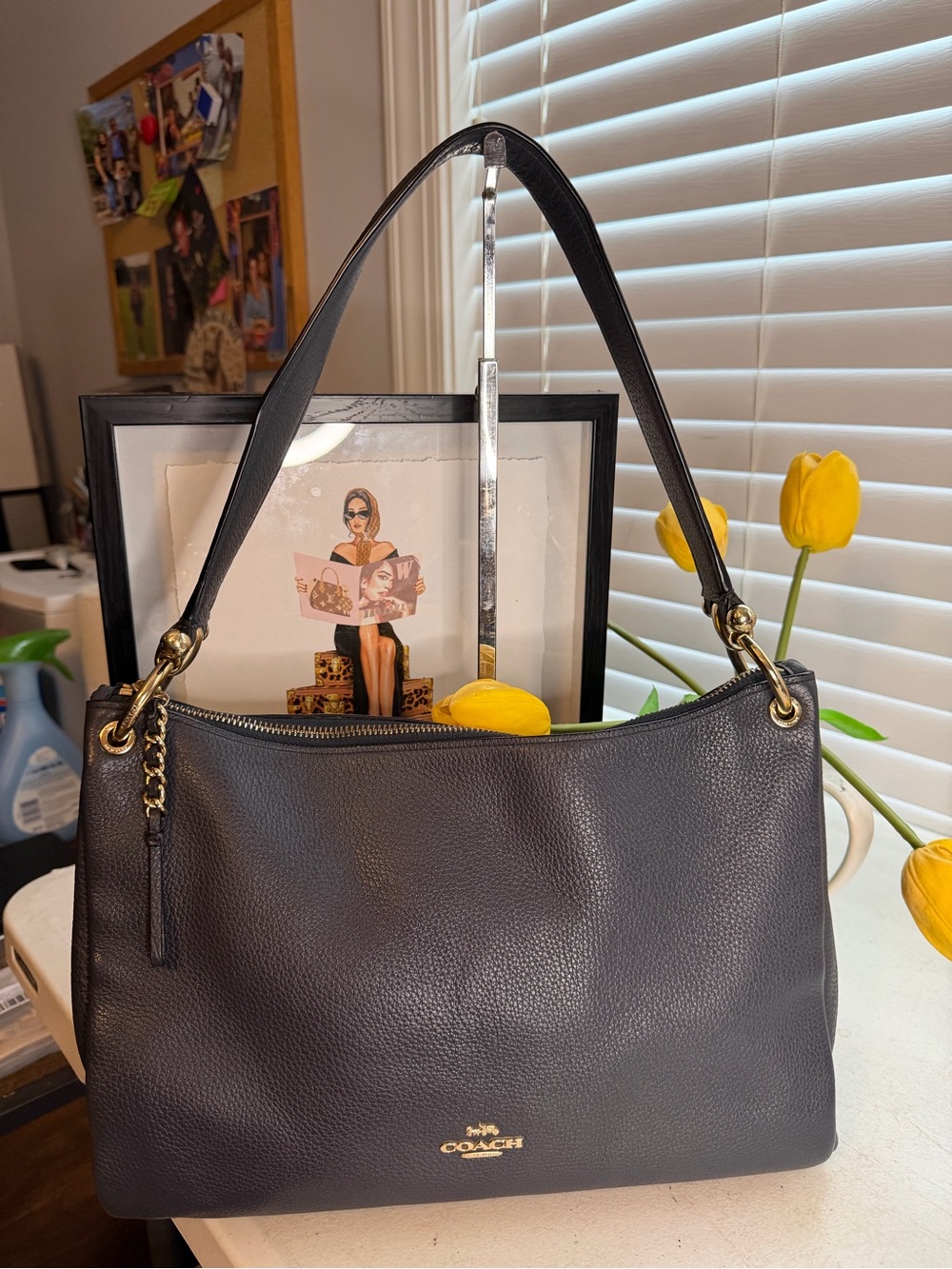 Coach Navy Pebbled Leather Shoulder Bag | Gold Hardware | Authentic
